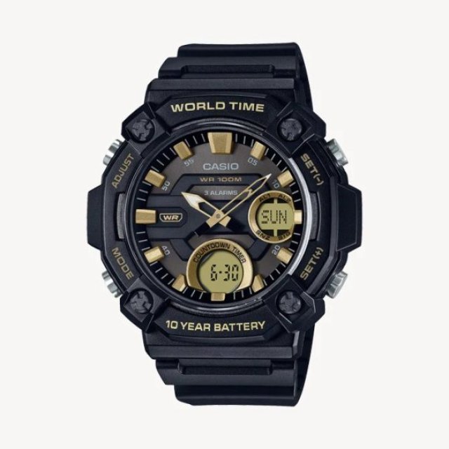 Casio AEQ‑120W‑9AV - Golden World Time Analog‑Digital Watch
