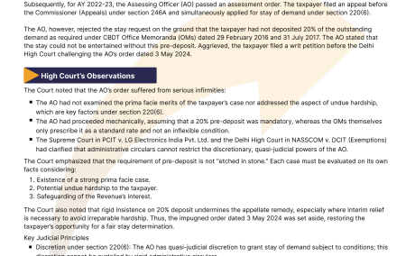 Stay of demand must consider merits and hardship, not rigid 20% pre-deposit
